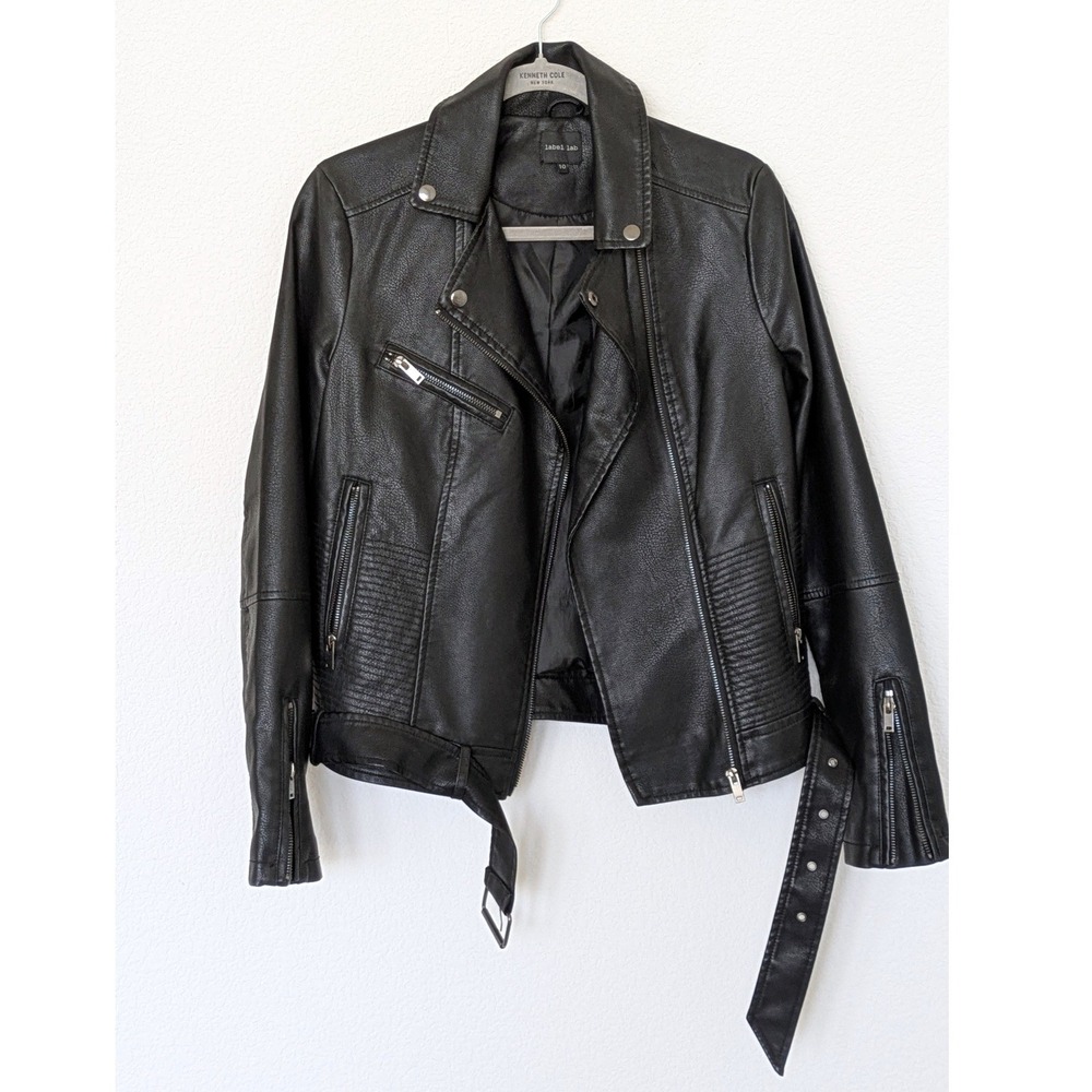 Label Lab Moto Biker Jacket Black Faux Leather‎ Belted Quilted Edgy Sz 10